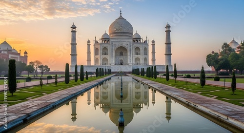 Taj Mahal at Sunrise with Reflection in Water Channel