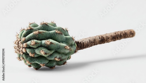 Textured green globular plant with ribbed surface and thick woody stem