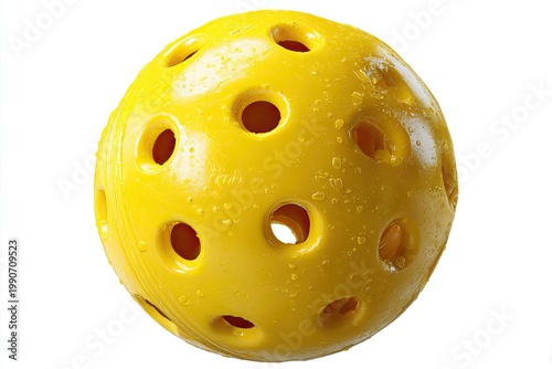 Close-up of a bright yellow, perforated ball against a stark white background