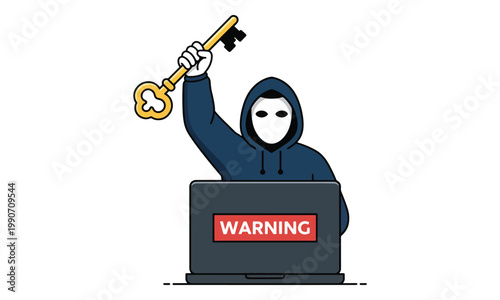 Hacker in Mask Holding Golden Key Behind Warning Laptop