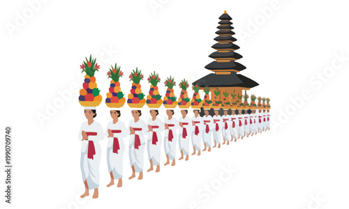 Balinese Women Carrying Gebogan Offerings in Temple Procession