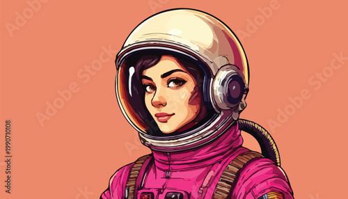 Confident Woman Astronaut in Pink Suit and Helmet Portrait.