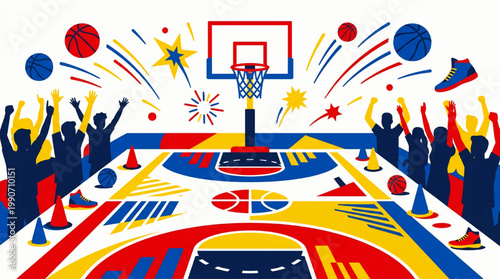 Basketball game conceptual illustration with celebrating crowd
