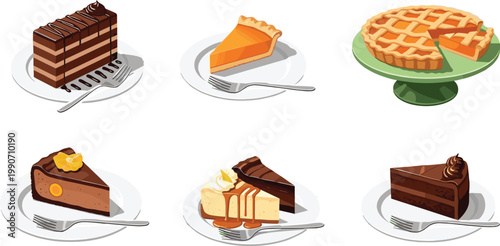Cartoon Vector Illustration of Assorted Desserts Including Chocolate Cake, Pumpkin Pie, Cheesecake, and Lattice Pie for Culinary Food Designs