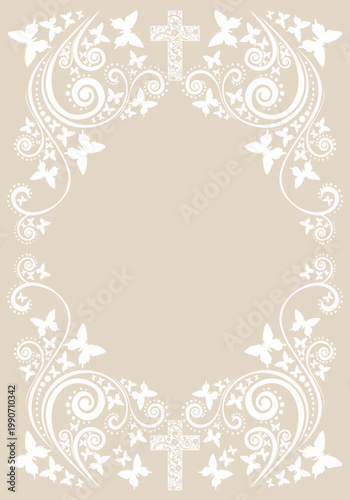 Art deco frames with cross. Christian Symbol design elements isolated on background. Ornate Cross. vertical Frame. Memorial design elements. Baptism Card Design with Cross. Christening. First Communio