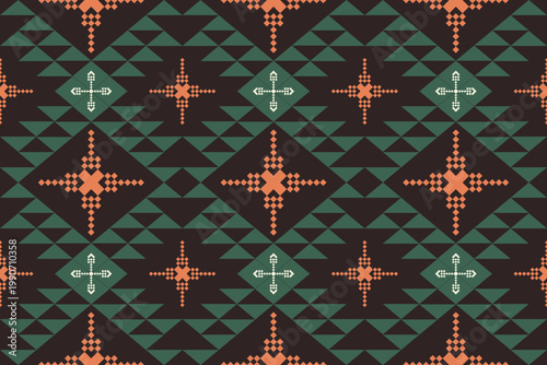 Dark green and terracotta Hmong cross stitch. Seamless tribal star geometric pattern for ethnic textiles and boho decor.