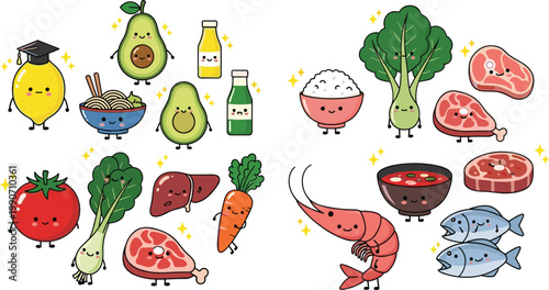 Cartoon Vector Illustration of Smiling Food Characters with Graduation Cap Including Fruits, Vegetables, Seafood, and Noodles for Educational Designs