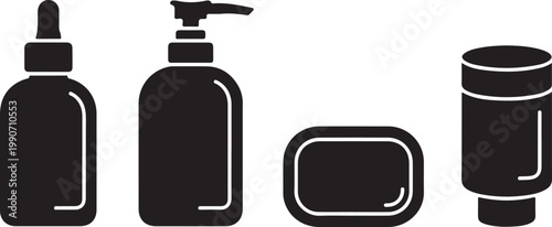 Set of four minimalist black filled skincare product bottles and jar