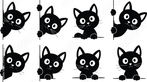 Set of cute black cat silhouettes peeking out from corners and edges for funny pet shop greeting card decorative design.