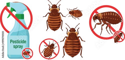 Cartoon Vector Illustration of Pesticide Spray Bottle with Prohibition Symbols Targeting Bed Bugs and Fleas for Pest Control Designs