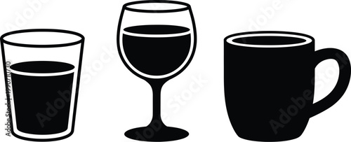 High quality black and white flat graphic illustrations of beverage containers including drink tumbler stemware and ceramic tea cup set.