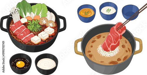 Cartoon Vector Illustration of Japanese Hot Pot Cuisine Featuring Sukiyaki and Shabu‑Shabu with Beef, Tofu, Mushrooms, Vegetables, and Dipping Sauces