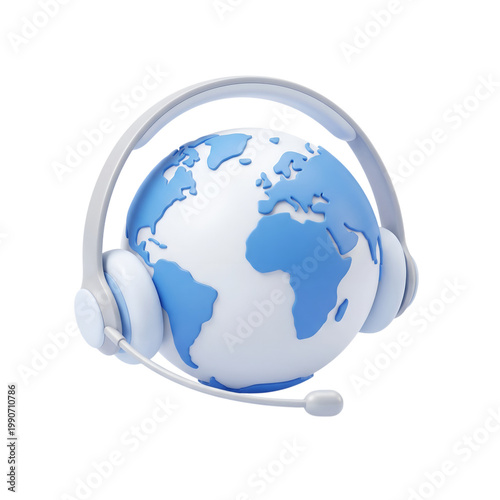 3D illustration of globe wearing headset, representing global communication and customer support services concept