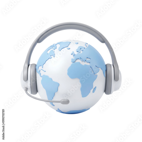 3D illustration of globe wearing headset, symbolizing global communication and worldwide customer support services concept