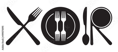 Kitchen cutlery and restaurant dinnerware silhouettes featuring forks and spoons arranged in artistic layout.
