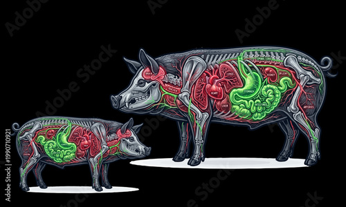 Futuristic Neon Pig with Visible Internal Organs