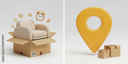 3D Furniture Delivery Icon Set with Armchair in Cardboard Box Alarm Clock and Large Location Pin for Fast Shipping Logistics and Moving Services