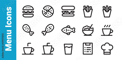 Minimalist outline icons for food menu including burger pizza french fries coffee and chef hat design elements.