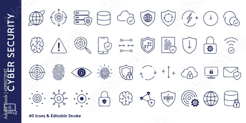 Cyber security icons set vector illustration with security protection internet computer information firewall encryption password connection authentication surveillance antivirus