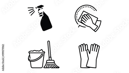 Cleaning Essentials: A set of essential cleaning tools, including a spray bottle, a hand wiping a surface with a cloth, a bucket with mop, and pair of gloves.