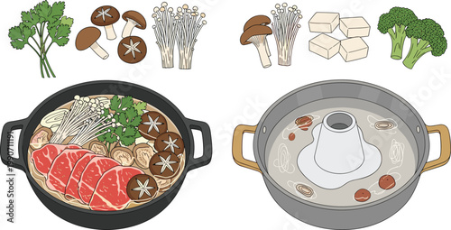 Cartoon Vector Illustration of Hot Pot Cuisine with Beef, Mushrooms, Tofu, Vegetables, and Broth for Culinary and Cultural Food Designs