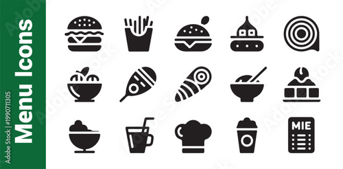 Bold black food icons set for digital menu design featuring burgers french fries soup and kitchen accessories.