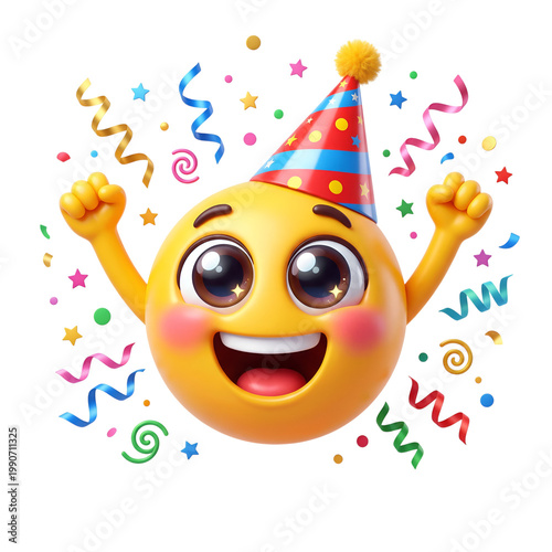 Happy emoji wearing striped party hat with raised fists surrounded by colorful confetti and streamers celebration