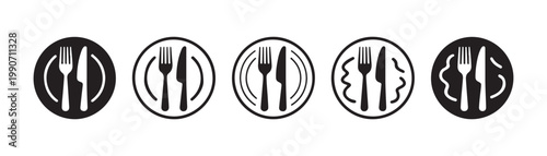 Minimalist dinnerware icons featuring plate and cutlery silhouettes for restaurant menu and gourmet branding.