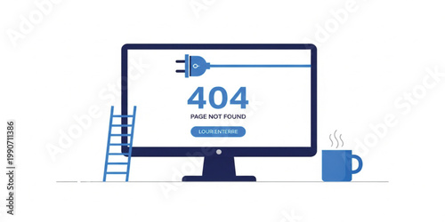 404 Error Page Not Found Website Illustration with Computer Monitor Plug Ladder Coffee Cup for Web Maintenance Landing Page Design