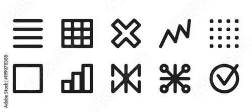 Linear interface icon set for web development featuring menu grid and signal strength symbols for developers.