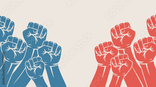 Multiple blue and red raised fists stand against a light beige background, signifying collective action or division