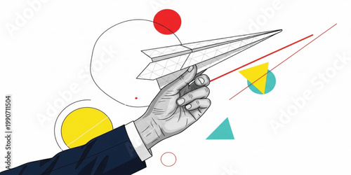 Business Hand Launching Paper Airplane with Geometric Shapes for Startup Success Innovation Leadership Concept Design Illustration