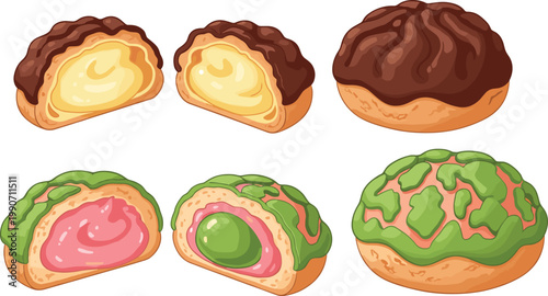 Cartoon Vector Illustration of Assorted Filled Pastries with Chocolate, Matcha, and Cream Toppings Showing Colorful Interiors for Culinary Designs