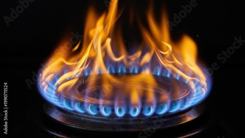 The gas burner burns with the blue flame of a propane butane stove in a home kitchen or restaurant