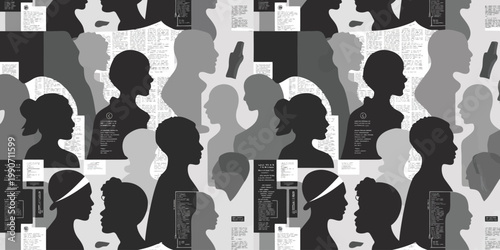 Numerous human face silhouettes in shades of gray against a textured background of text and documents