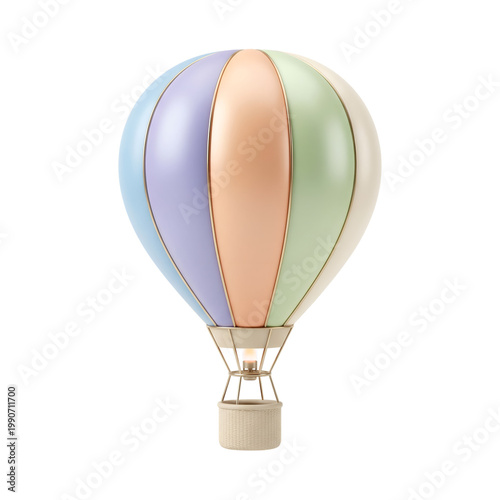 Pastel hot air balloon with wicker basket isolated on transparent background, vintage travel adventure celebration transport
