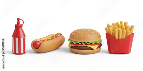 Delicious 3D style fast food vector illustration featuring a hot dog, cheeseburger, french fries, and ketchup bottle for restaurant menus and meal delivery apps