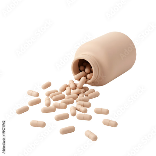 Scattered pharmaceutical capsules spill from a beige bottle onto transparent background isolated illustration