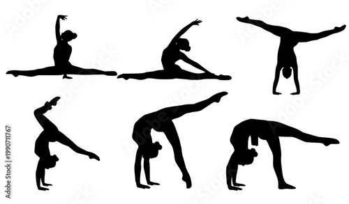 Gymnast silhouettes vector splits handstand yoga poses fitness illustration