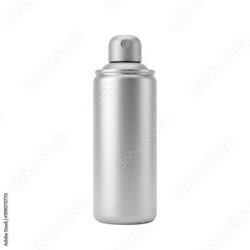 Silver spray can with nozzle, isolated on transparent background, aerosol can object for design, product mockup