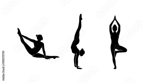 Gymnast silhouette icon set vector splits handstand yoga minimal illustration