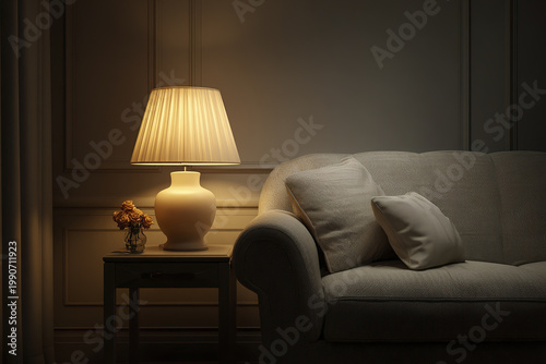 Cozy evening home office corner with soft lamp lighting and comfortable sofa with cushions creating warm and inviting atmosphere for relaxation or reading