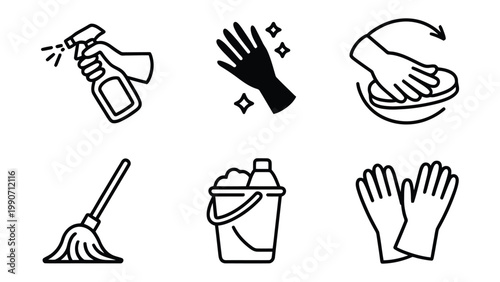 Cleaning Icons: A set of simplified icons depicts essential cleaning tools and actions, perfect for illustrating cleanliness, sanitation, and hygiene. 