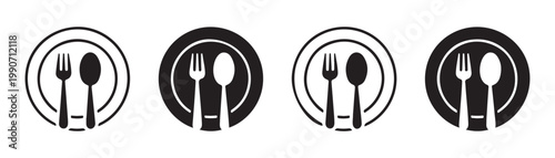 Plate with fork and spoon icon set. restaurant eating dinner symbol, meal time sign.