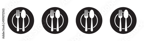 Plate with fork and spoon icon set. restaurant eating dinner symbol, meal time sign, black background.