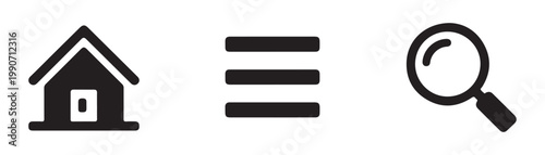 Minimalist home and navigation menu icons collection including magnifying glass search sign for web interface.