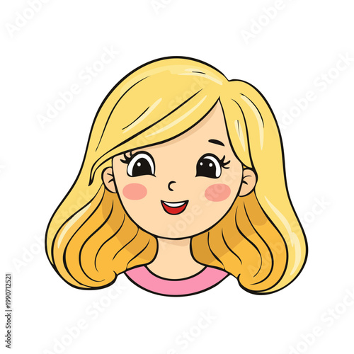 Happy blonde girl with bright eyes and rosy cheeks smiling with a pink collar