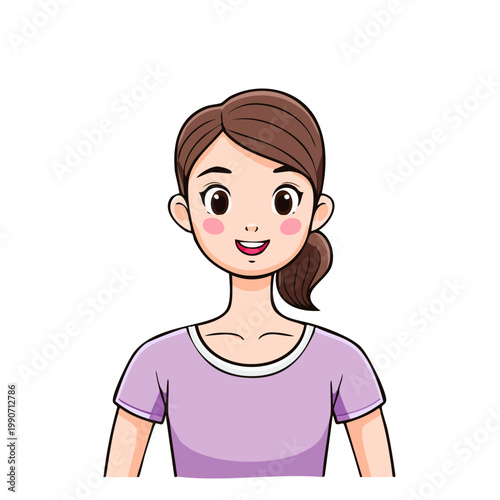 Joyful young woman with brown hair in a ponytail smiling with rosy cheeks wearing a purple t-shirt vector illustration