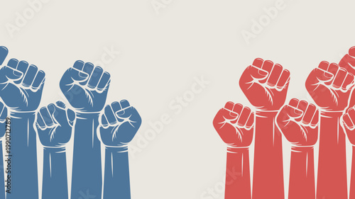 Raised blue and red clenched fists emerge from the frame representing unity, power, and opposition