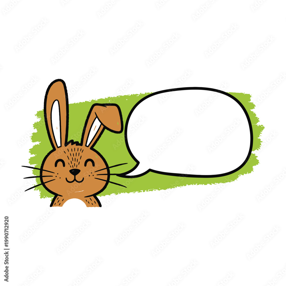 Obraz premium Smiling brown rabbit with speech bubble on green background